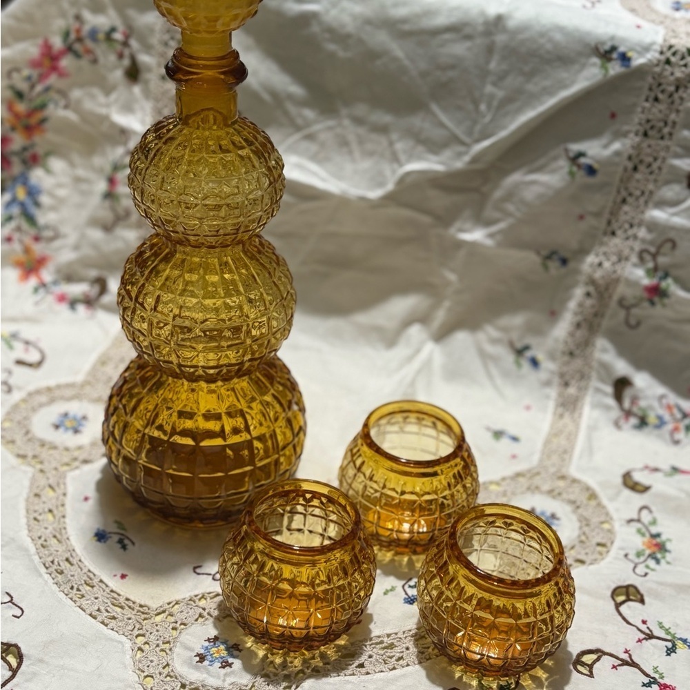 Vintage Amber Glass Decanter Set